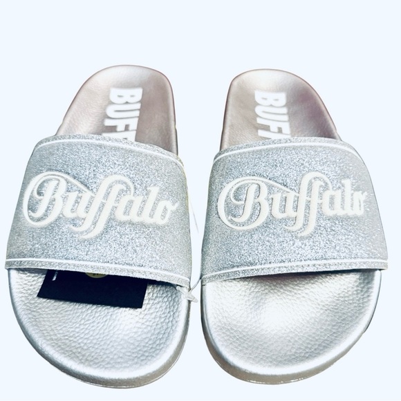 Buffalo London Silver Glitter Rio Slides Metallic Logo Strap Sandals 38 / 7.5 - Picture 2 of 8